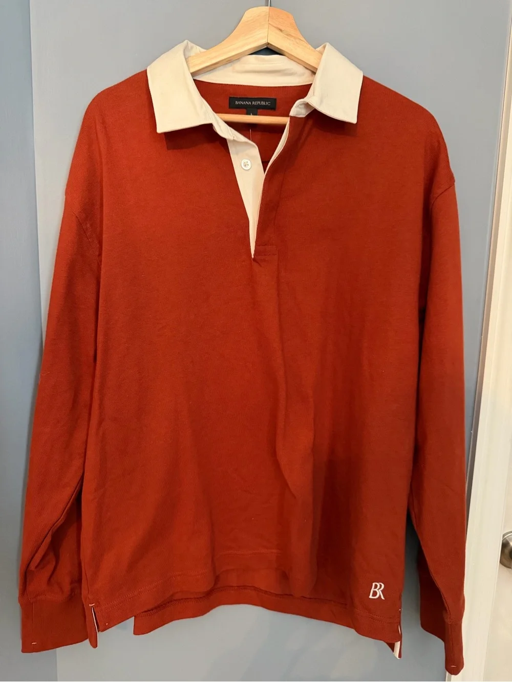 Banana Republic Men's Long-Sleeve Polo in Burnt Orange with Cream Collar